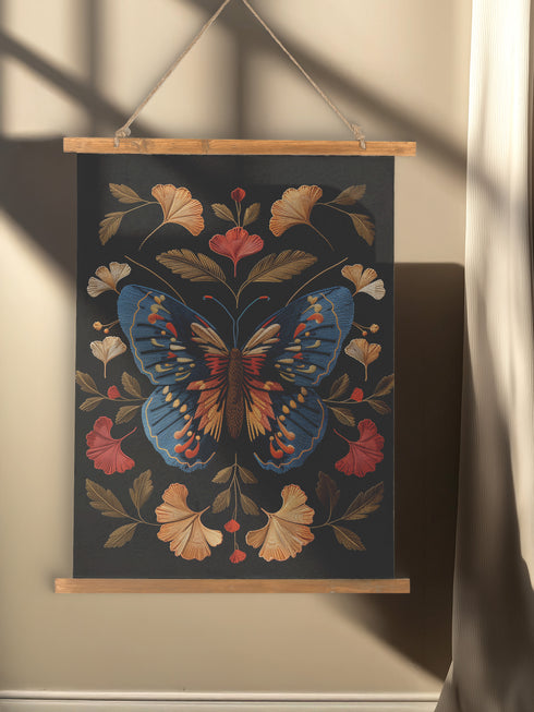 Ancient sunsets meet twilight waters in this captivating botanical symphony of light and shadow. This extraordinary wall hanging showcases a majestic sapphire butterfly adorned with vibrant coral and golden accents, framed by a harmonious arrangement of amber and coral ginkgo leaves against midnight velvet. The intricate 3D print replicates the dimensional quality of fine embroidery, each golden vein and azure wing rendered with museum-quality precision. A breathtaking centerpiece for entryways, reading noo